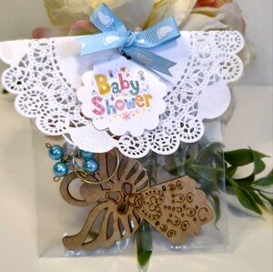 Baby Shower Wooden Angel Keychains Party Favors. Baby Shower Angel Keepsakes.